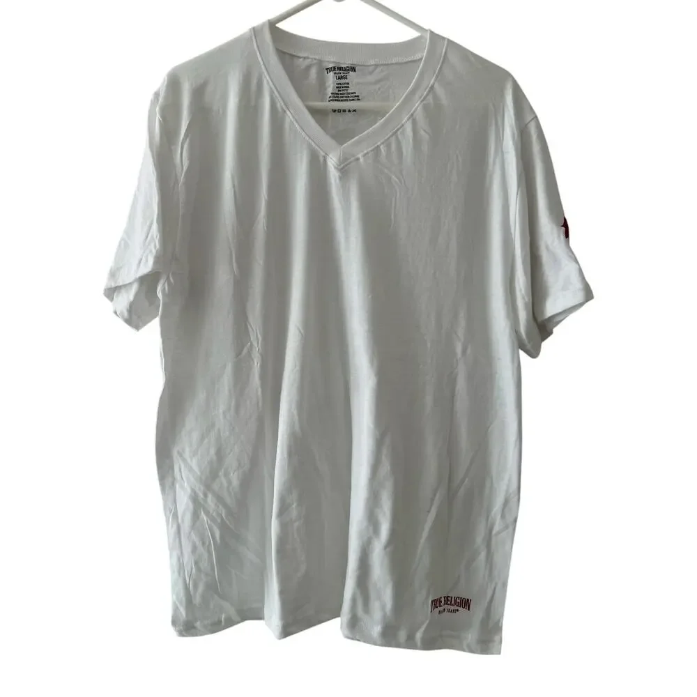 True Religion New Large V Neck White Cotton T Shirt Short Sleeves